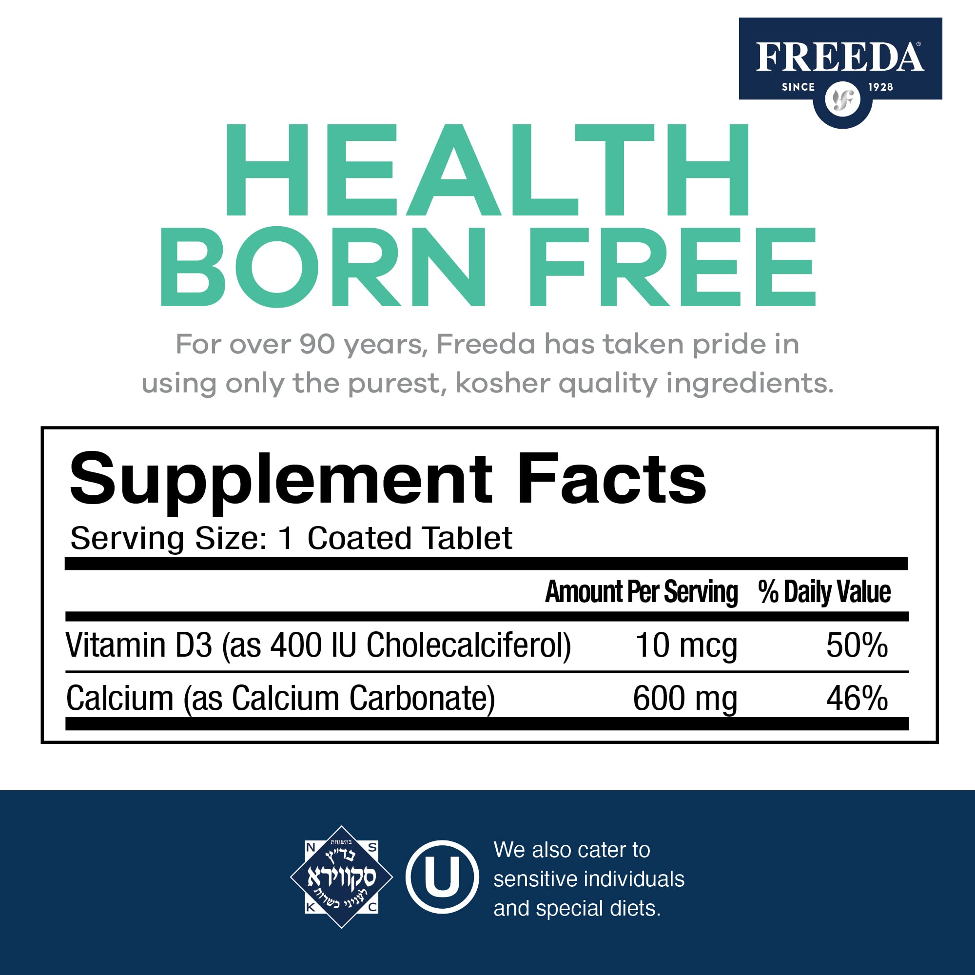 FREEDA 600mg Calcium with Vitamin D3 400 IU – Bone, Joint & Teeth Support – Vitamin D with Calcium Supplement for Women & Men – 600 mg – GF, Easy-to-Swallow Coated Tablets (100 Ct) - Image 7