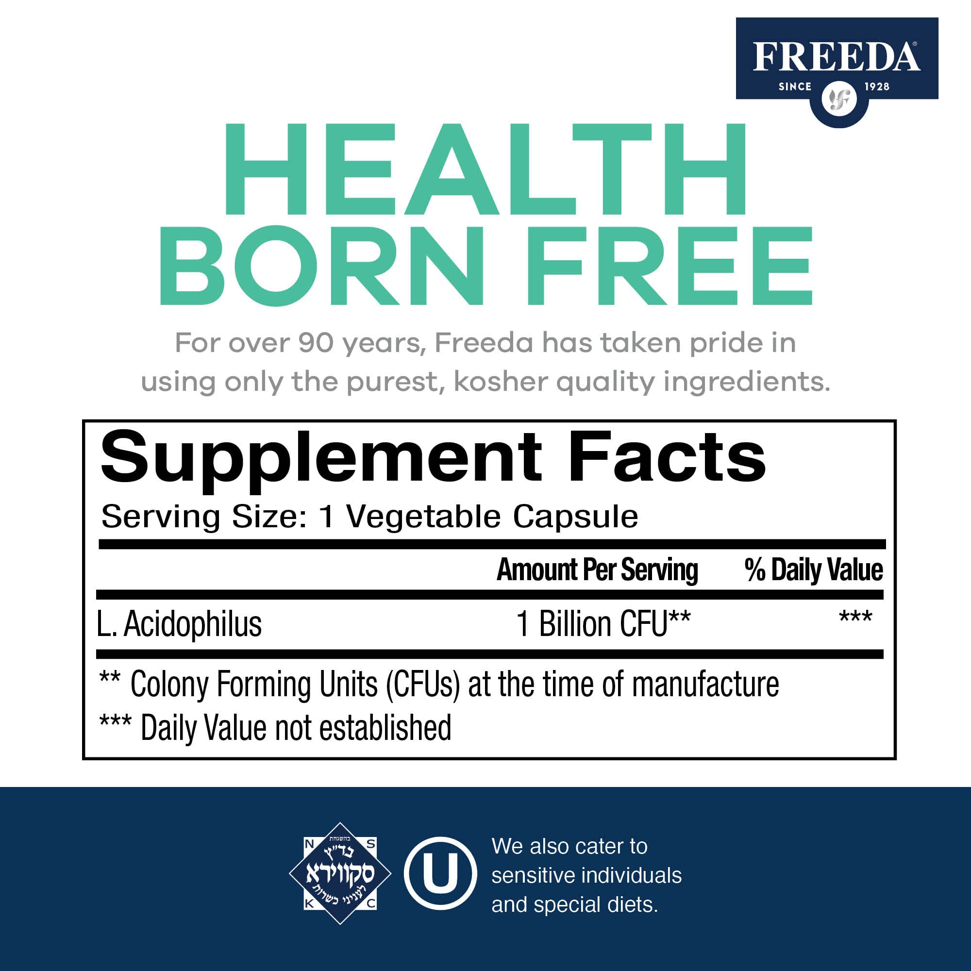 FREEDA Acidophilus Probiotic 1 Billion CFU – Lactobacillus Acidophilus for Women & Men – Gut Health & Digestive Support – Vegan, Kosher, Non-GMO – Shelf-Stable Supplement (100 Capsules) - Image 3