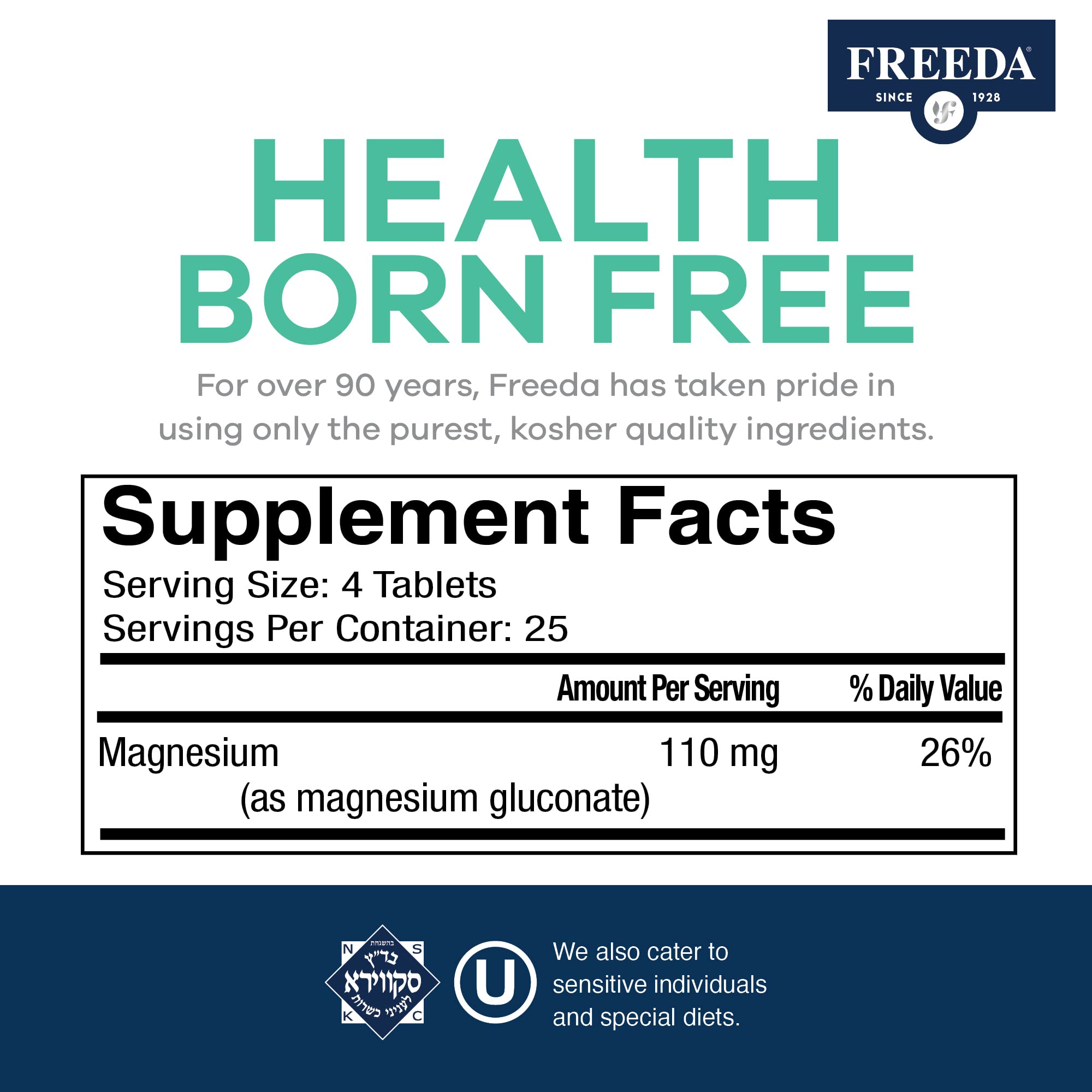 Freeda Magnesium Gluconate - Kosher Vegan Magnesium Supplement for Men & Women - Leg & Muscle Cramp and Spasm Relief - Natural Muscle Relaxer - Magnesio Vitamins and Supplements (100 Tablets) - Image 3