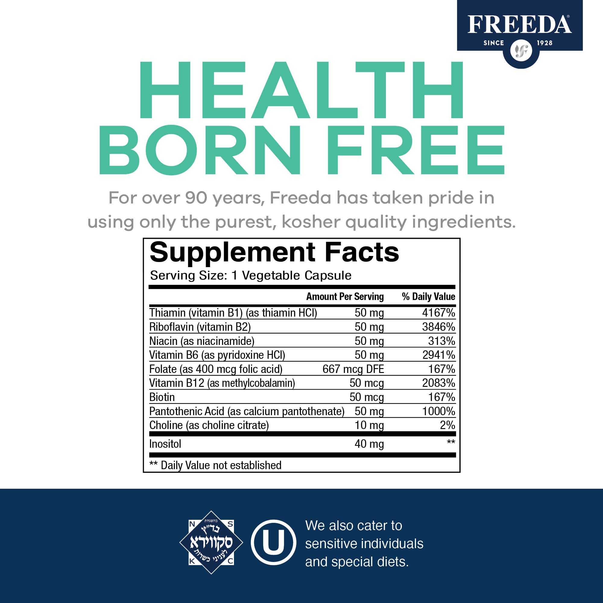 FREEDA B-Complex Capsules – Super Quints B-50 – B2 B3 (Niacinamide) B6 B12 + Biotin + Folic Acid + Choline & Inositol – Vegan – 250 Capsules - Image 5