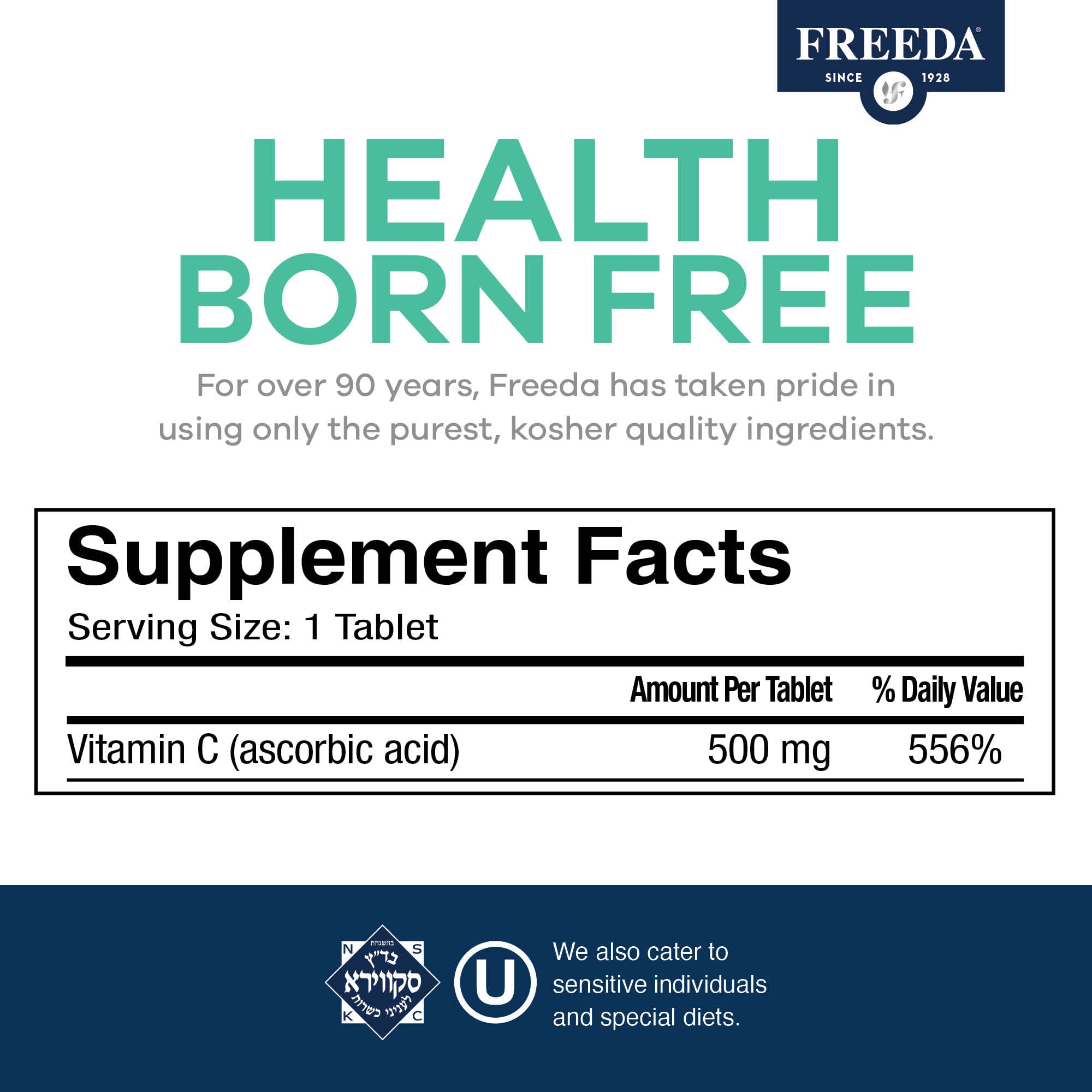 FREEDA Vitamin C - Vegan Vitamin C 500mg - Kosher - Powerful Antioxidant Immune Support - Easy to Swallow Vitamins C Tablets as Ascorbic Acid - Pure Vitamin C 500 mg - VIT C Supplement (100 Count) - Image 3