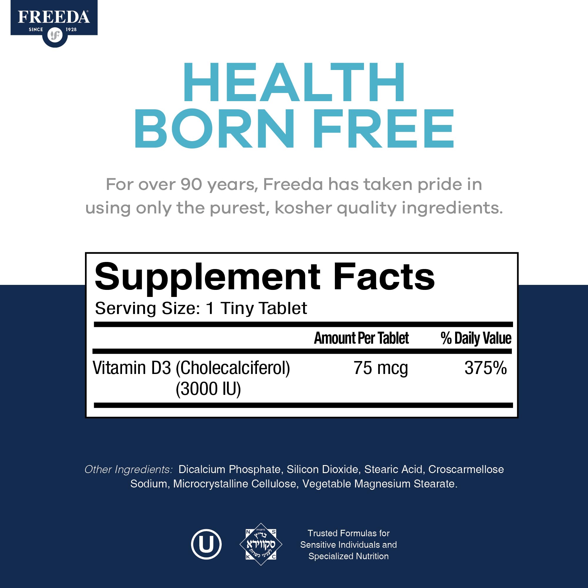 FREEDA Vitamin D3-3000 IU - Pure High Potency Kosher Supplement Tablets - Bone and Muscle Health, Calcium Absorption, Immune Support for Men and Women* - 100 Tiny Tablets - Image 4